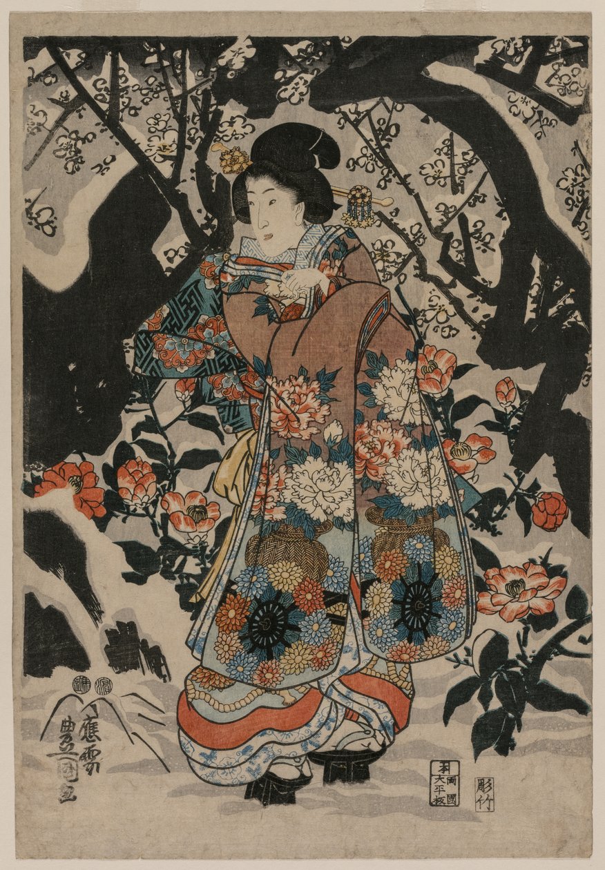 Žena stojící vedle švestky od Utagawa Kunisada