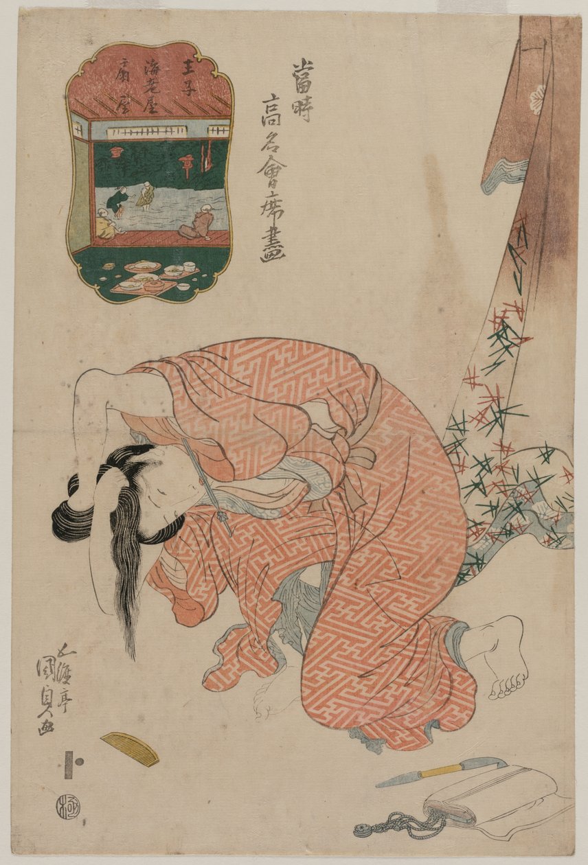 Žena si váže vlasy (ze série „Slavné restaurace dneška“) od Utagawa Kunisada