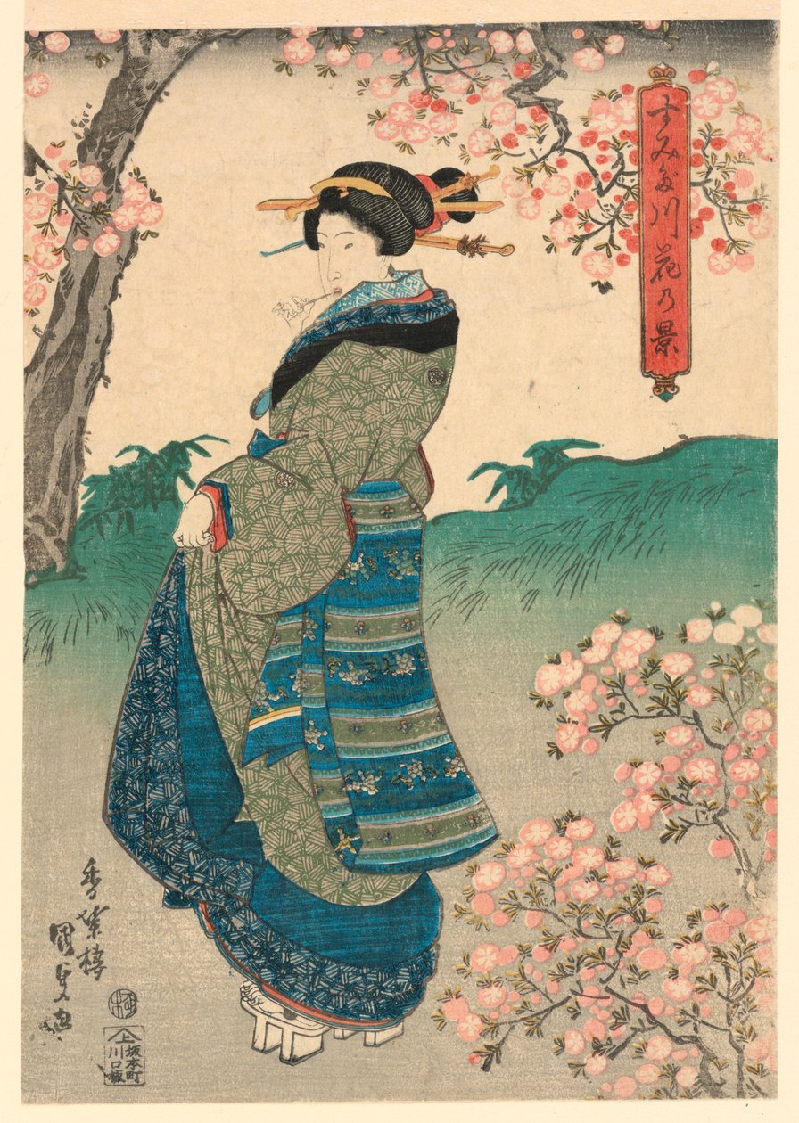 Žena si prohlíží třešňové květy na břehu řeky Sumida (Sumidagawa hana no kei) od Utagawa Kunisada
