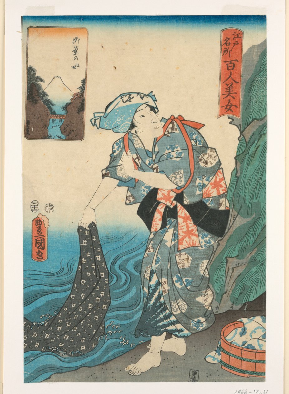 Žena praní látky v proudu od Utagawa Kunisada