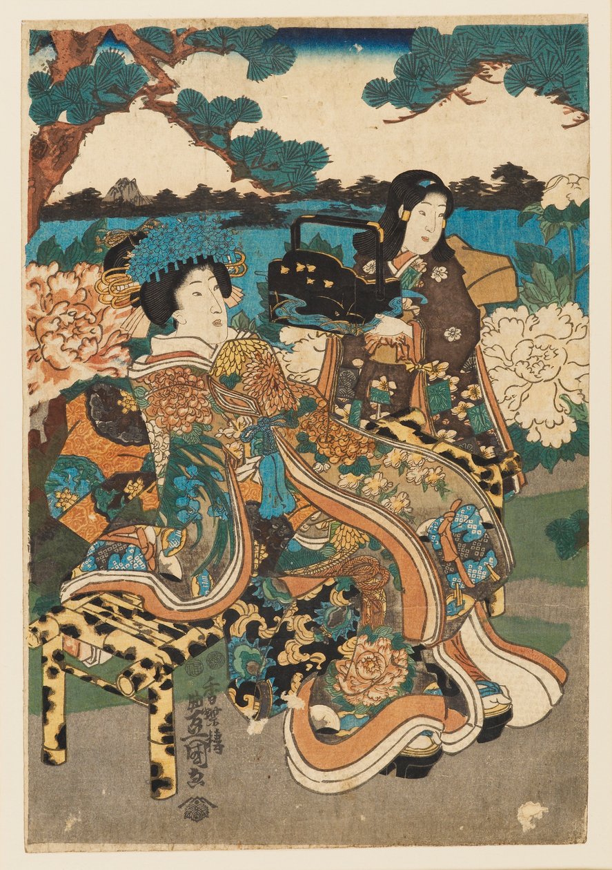 Dřevotisk - Kurtizána a služebná, 1786-1865 od Utagawa Kunisada
