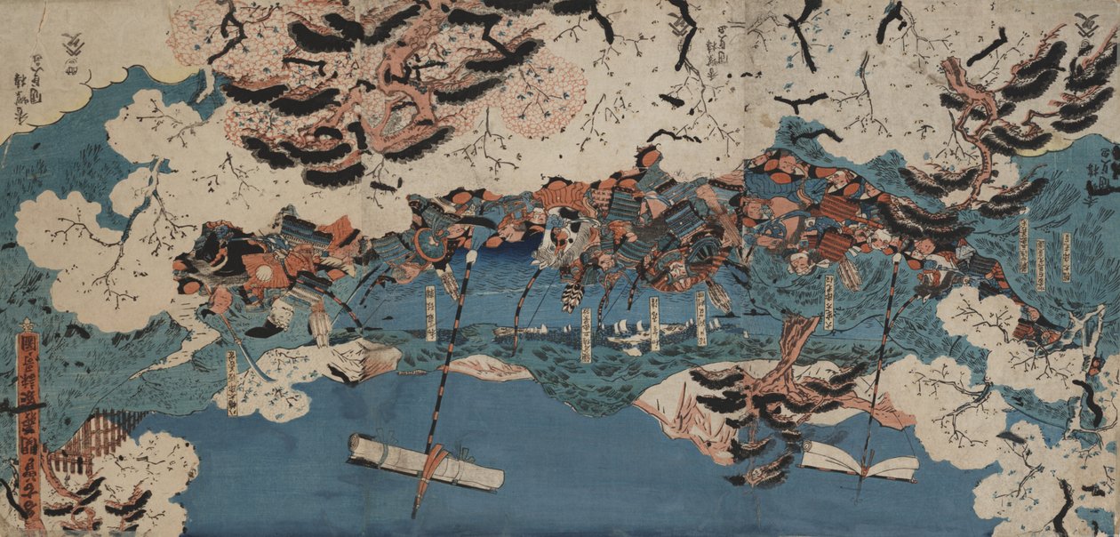 Skládání básní na celnici Nakoso (barevný dřevoryt připevněný na desce) od Utagawa Kunisada III