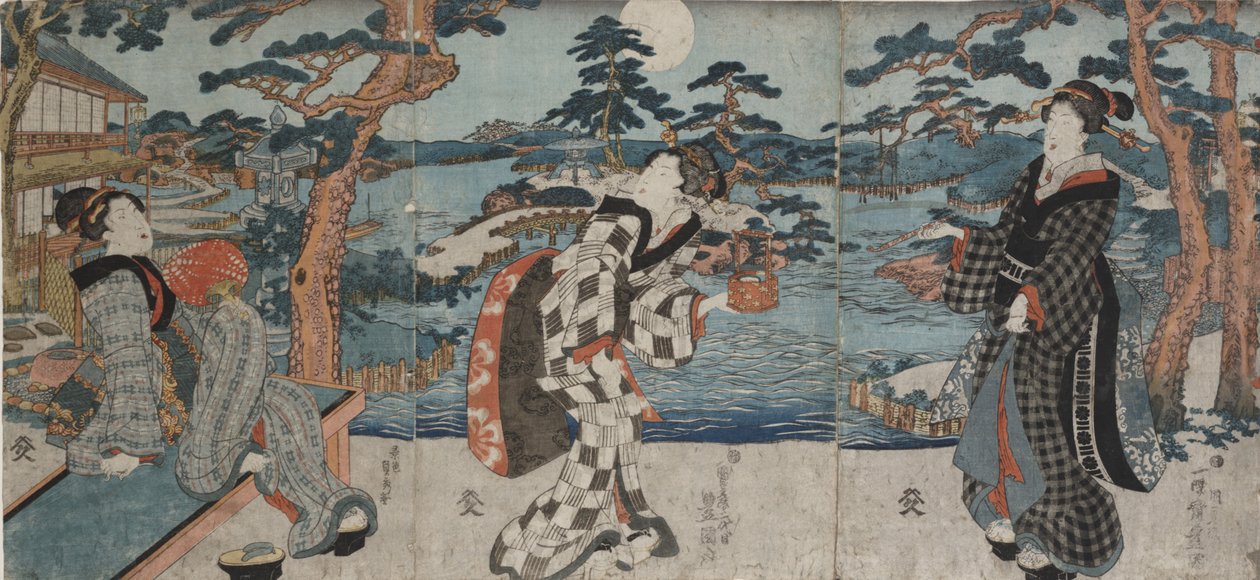 Užívání volného času v restauraci před přijetím zákazníků, počátek až polovina 19. století (barevný dřevoryt (triptych)) od Utagawa Kunisada III