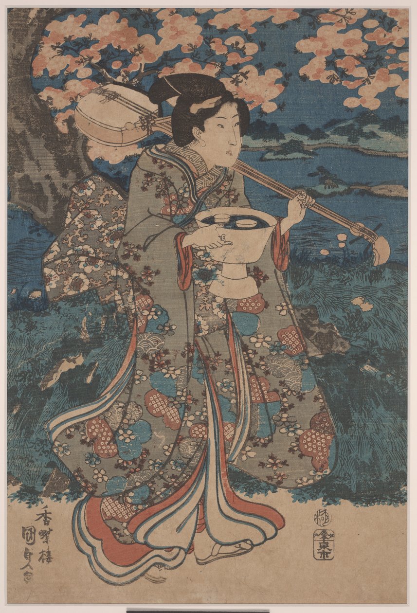 Jít na večírek s pozorováním třešňového květu (barevný dřevoryt) od Utagawa Kunisada III