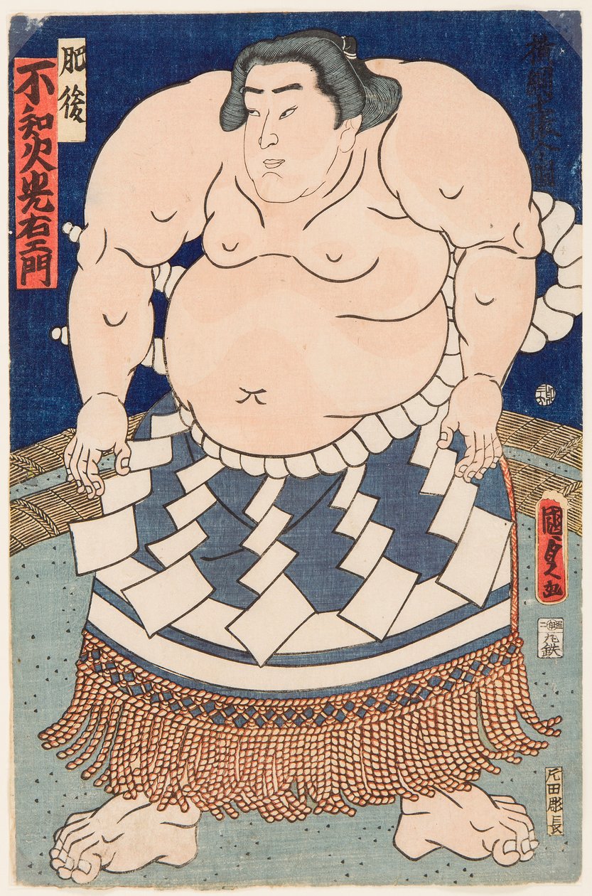 Portrét zápasníka sumo Shiranui Mitsuemon (1825-1879) s rituální zástěrou. Tisk Utagawa Kunisada II (1823-1880) od Utagawa Kunisada II