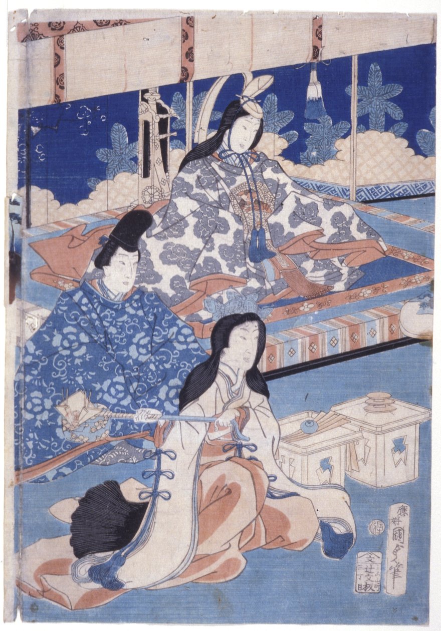 Vítání jara se sběrem květin (Hana Soroi Haru No Taimen) (barevný dřevotisk) od Utagawa Kunisada II