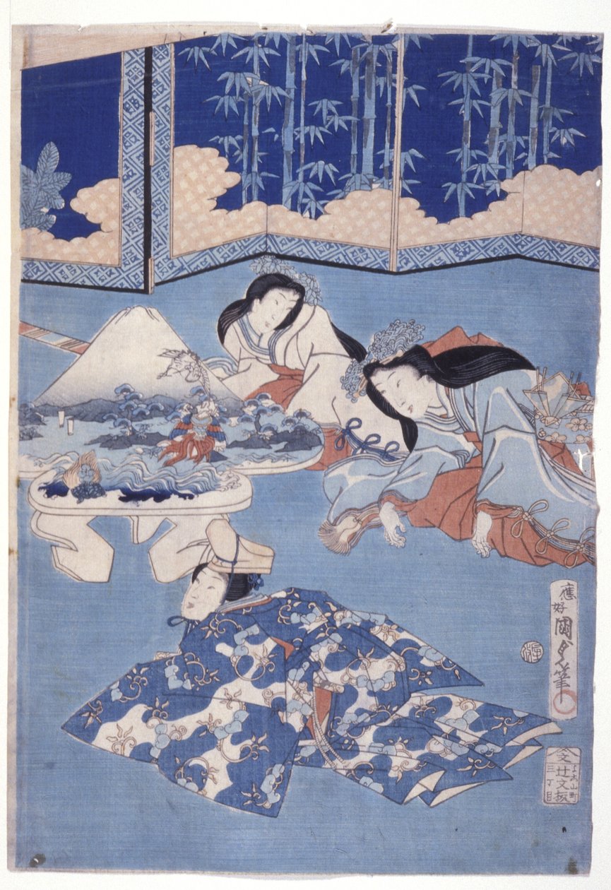 Vítání jara se sběrem květin (Hana Soroi Haru No Taimen) (barevný dřevotisk) od Utagawa Kunisada II