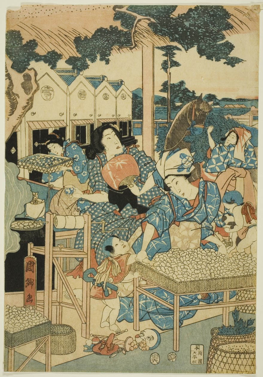 Velká prosperita na hedvábné farmě (Kaikoya Daihanjono Zu) od Utagawa Kunisato