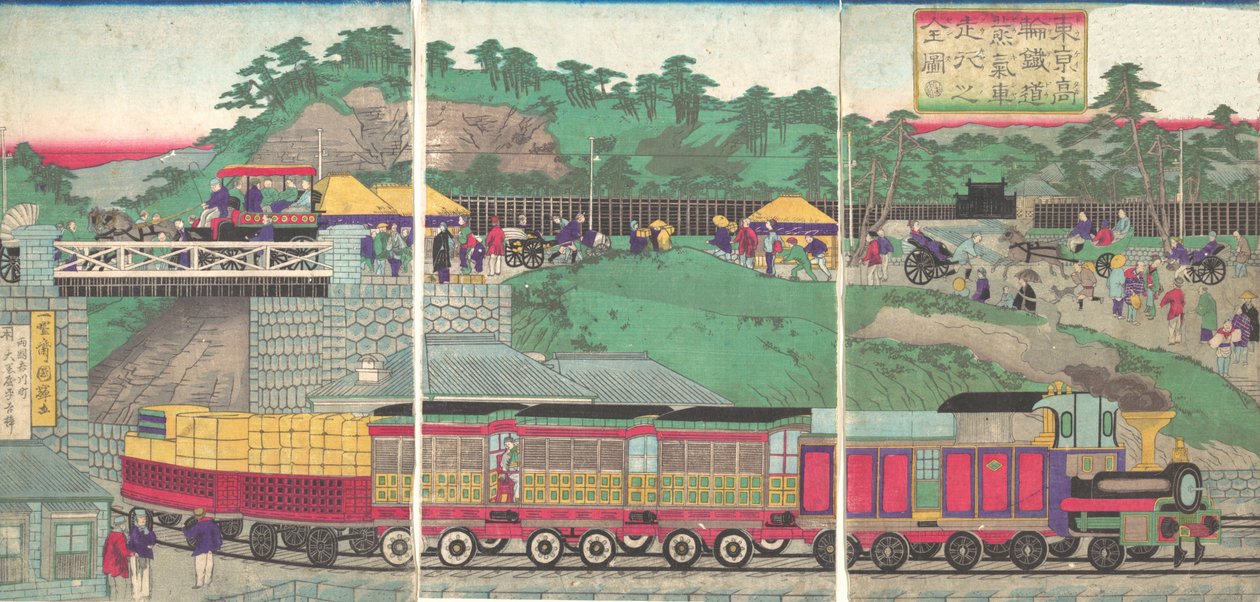 Ilustrace parní lokomotivy běžící na železnici Takanawa v Tokiu Tokyo ta..., ca. 1873. od Utagawa Kuniteru