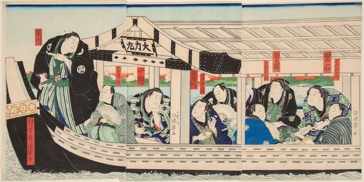 Sumo zápasník Dairiki Maru na lodi s přáteli. Tisk Utagawa Kuniteru (1808-1876) od Utagawa Kuniteru