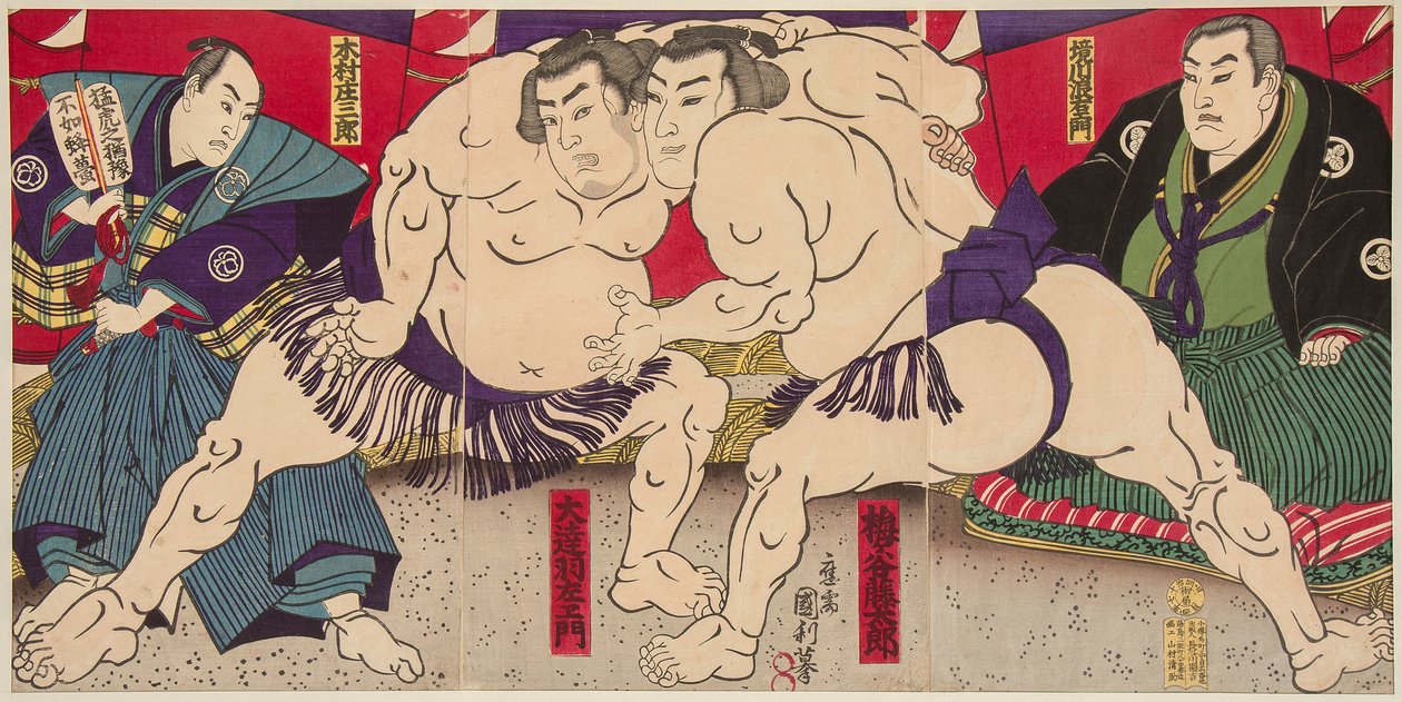 Combat des lutteurs de sumo Umegatani Rodachi a Kimura Shonosuke. 38x72,5 od Utagawa Kunitoshi