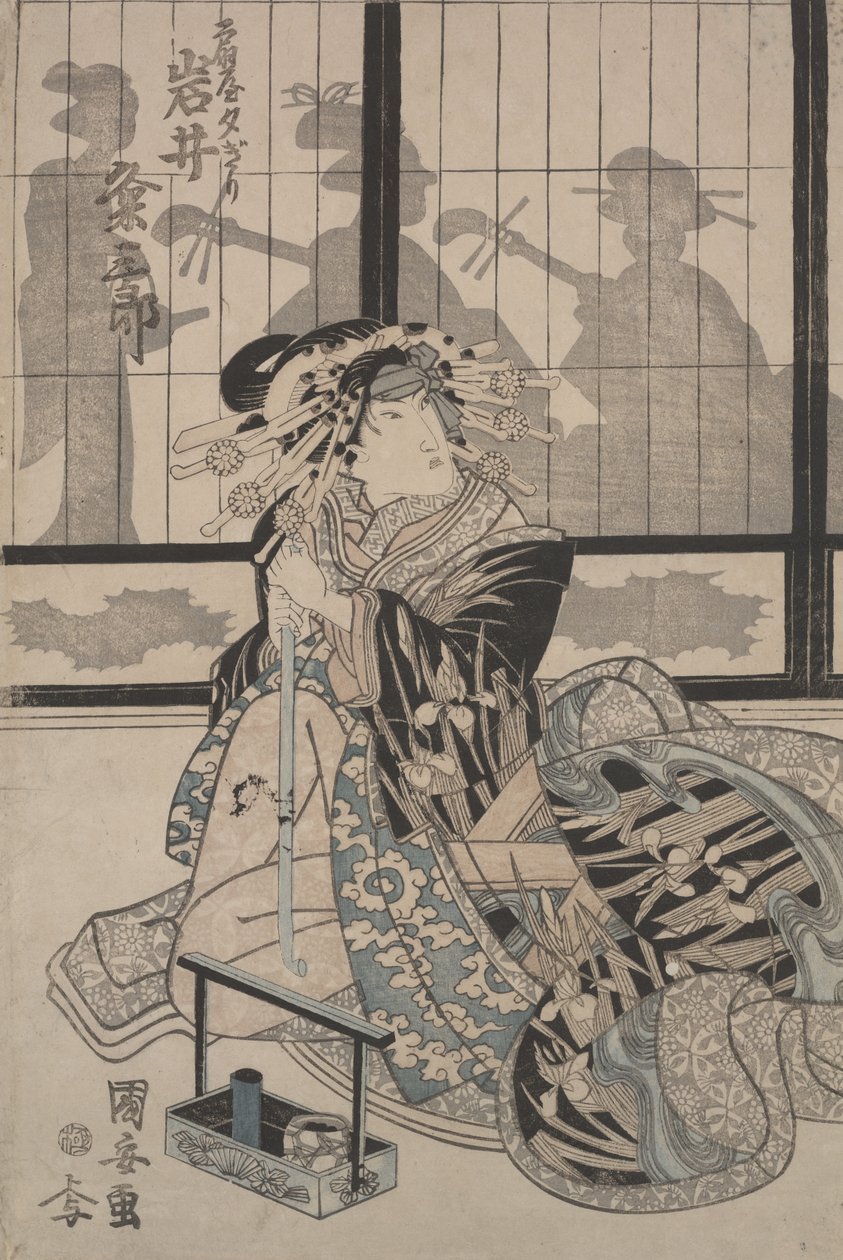 Kumesaburo Iwai jako Geisha Yugiri (barevný dřevoryt) od Utagawa Kuniyasu