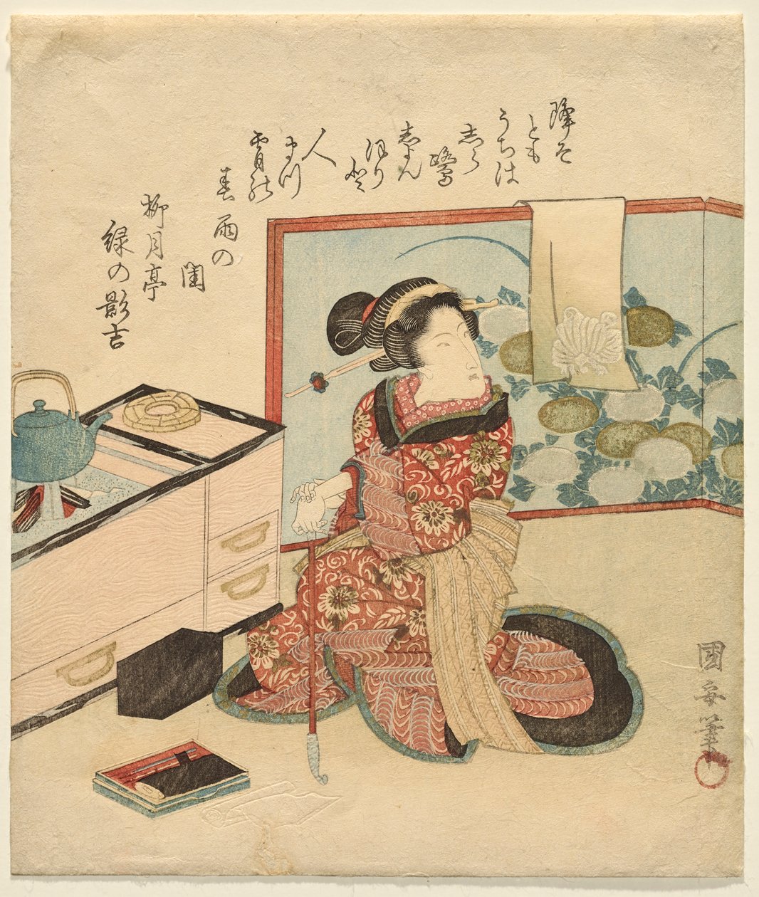 Žena čeká opíraje se o potrubí od Utagawa Kuniyasu