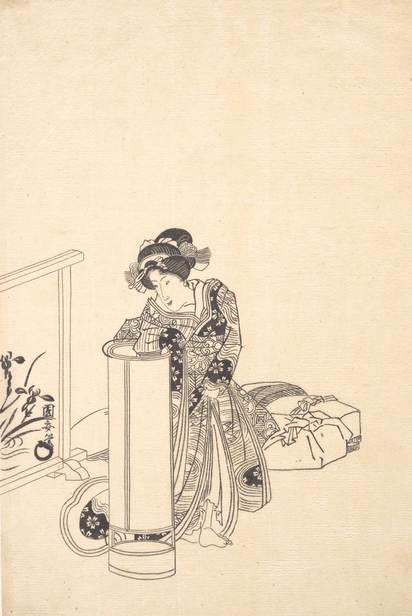 Mladá žena naklánějící se nad vysokou lampou. od Utagawa Kuniyasu