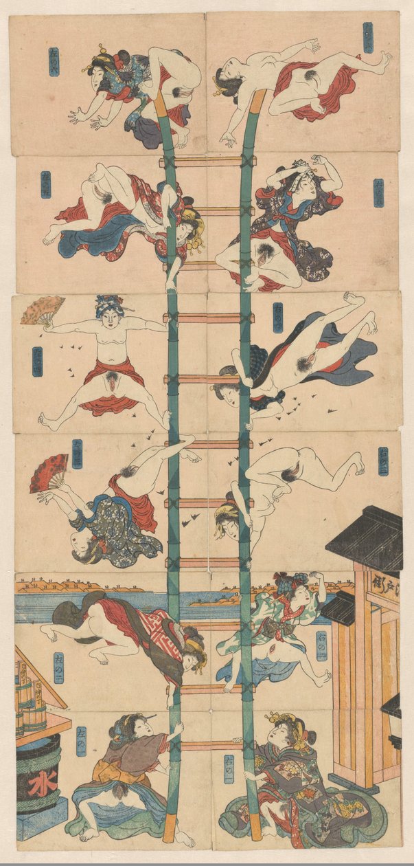 Série dvanácti koban Shunga s prostitutkami v roli akrobatických hasičů od Utagawa Kuniyoshi (school of)