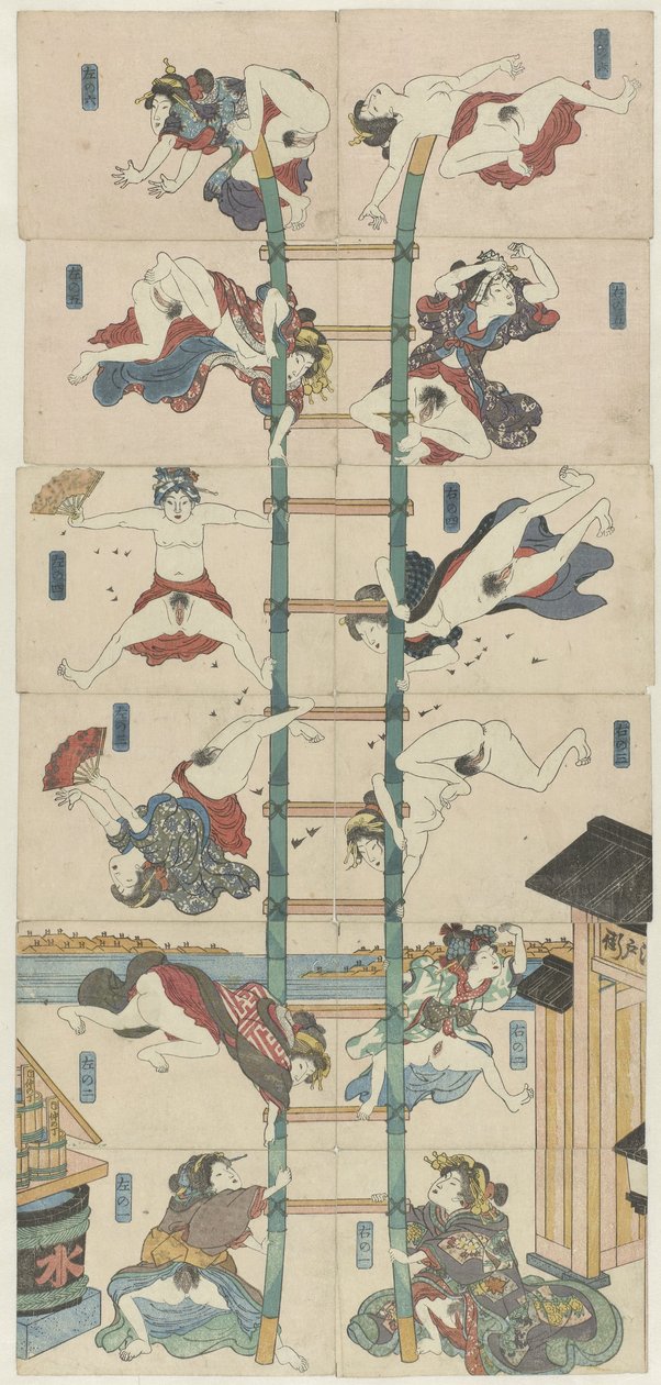Série dvanácti koban Shunga s prostitutkami v roli akrobatických hasičů od Utagawa Kuniyoshi (school of)