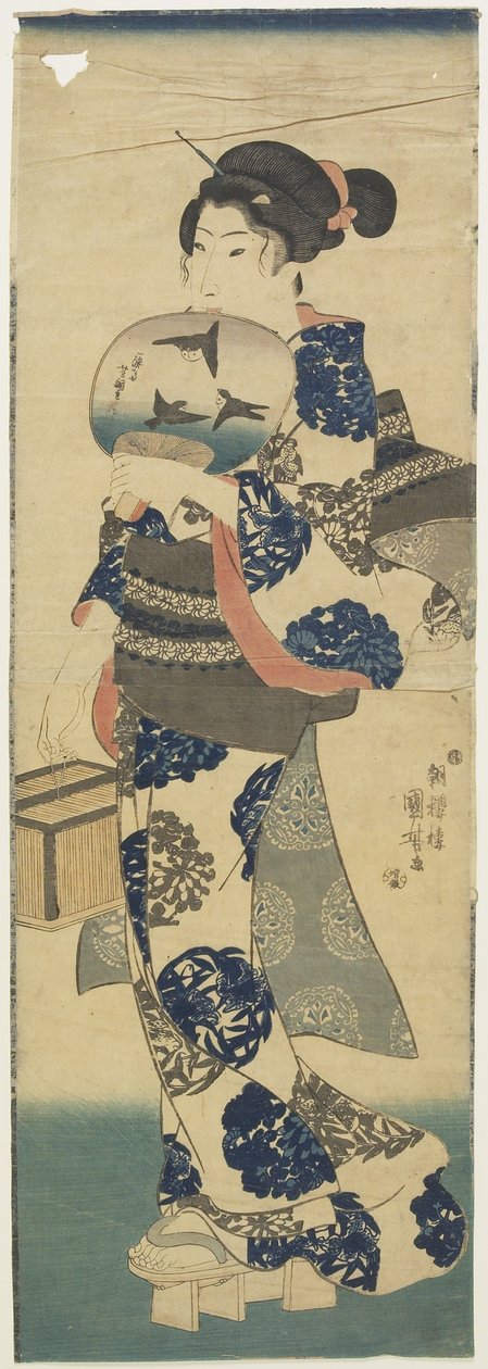(Žena s vějířem a kriketovou klecí), 1843-1847 od Utagawa Kuniyoshi