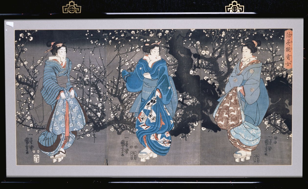 Obanový triptych zobrazující Noční scénu se třemi Bijiny od Utagawa Kuniyoshi