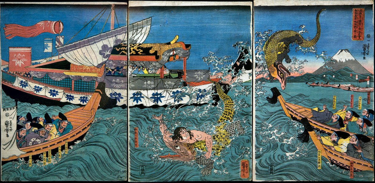 Boj Asahiny Yoshihide se dvěma krokodýly v moři u Kamakura Kotsubo od Utagawa Kuniyoshi