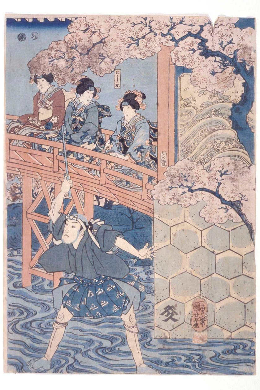 Bandō Hikosaburō IV jako Ashikaga Yoshimasa a Ichikawa Kodanji IV jako Asakura Tōgo z kabuki hry Higashiyama sakura sōshi od Utagawa Kuniyoshi
