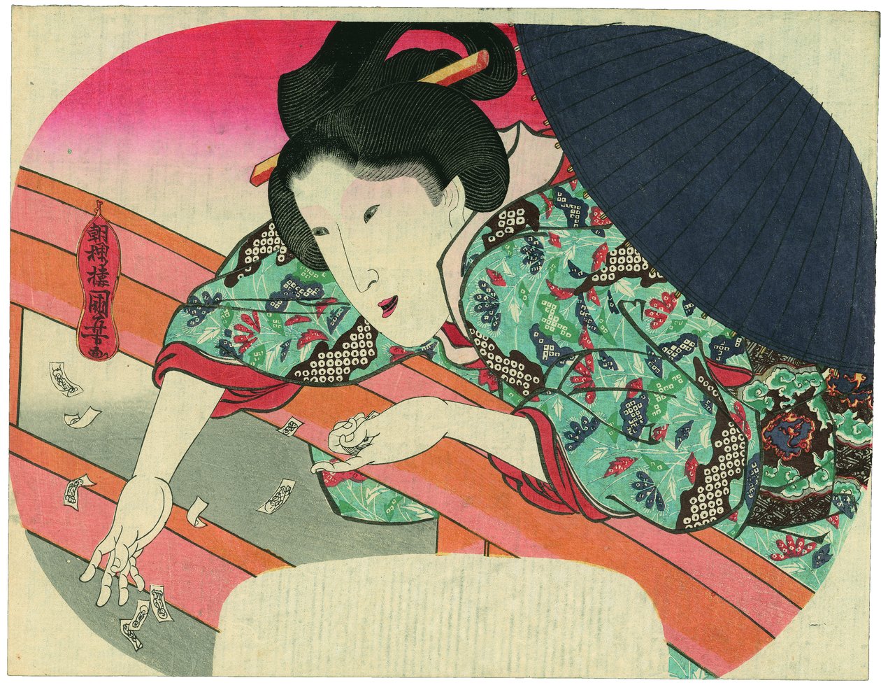 Kráska vhazuje do řeky Sumidy modlitební lístky k bódhisattvovi Džizó, aby uklidnila duchy utopených od Utagawa Kuniyoshi