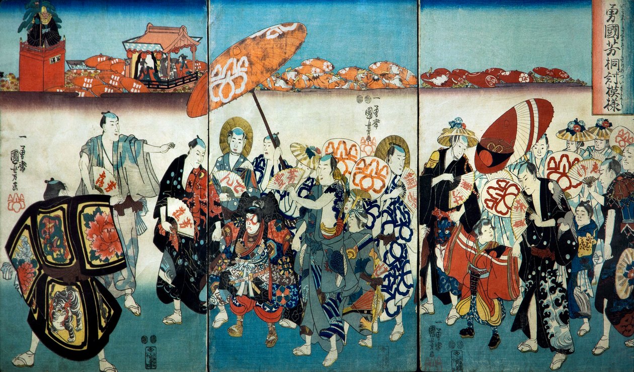 Statečný Kuniyoshi se svým designem Paulownia (Isamashiki Kuniyoshi kiri no tsuimoyō) 1848 od Utagawa Kuniyoshi