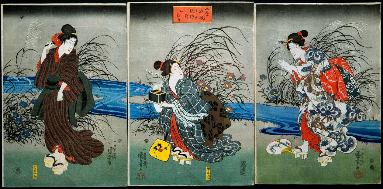 Chytání světlušek v létě (Nōryō no hotaru) Série: Zábava čtyř ročních období (Shiki yūkan), kolem 1845-1846 od Utagawa Kuniyoshi
