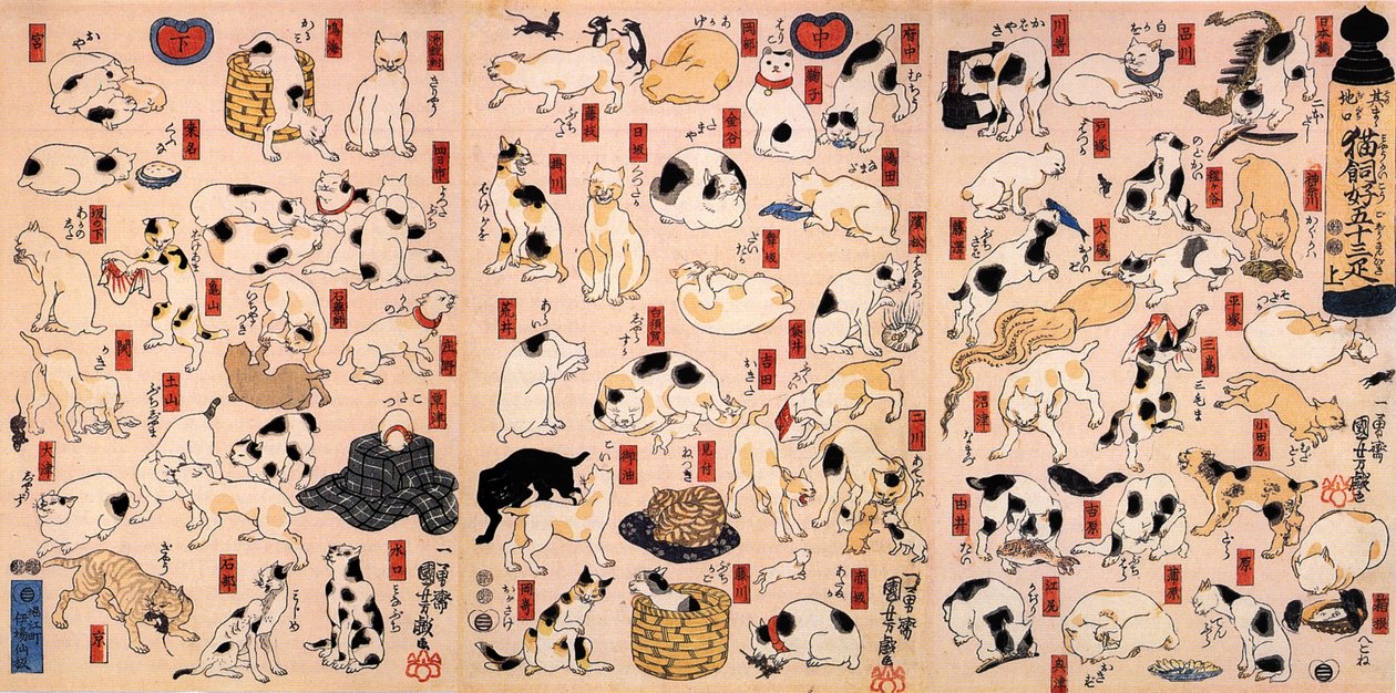 Kočky. Ze série padesát tři stanic Tokaidského triptychu, cca 1848 od Utagawa Kuniyoshi