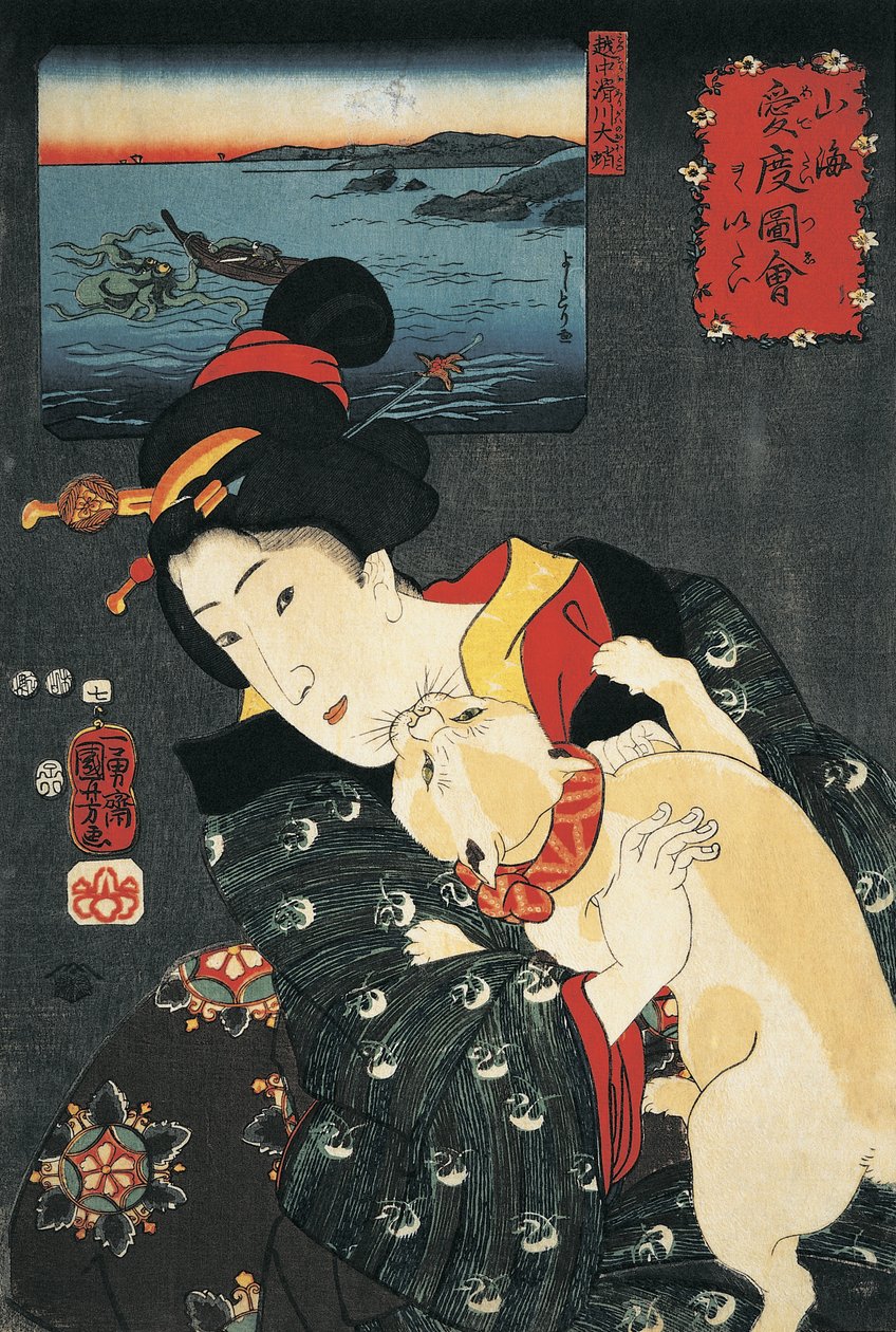 Detail mladé ženy s kočkou v náručí od Utagawa Kuniyoshi