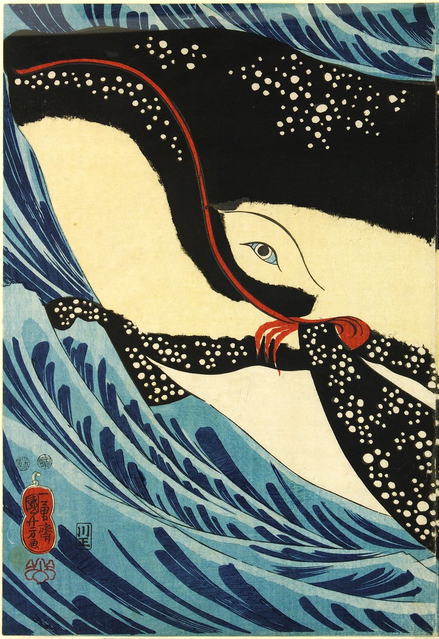 Barevný dřevotiskový triptych zobrazující velkého šermíře Miyamota Musashiho útočícího na obří velrybu u pobřeží provincie Hizen: Japonsko, Edo, Utagawa Kuniyoshi od Utagawa Kuniyoshi