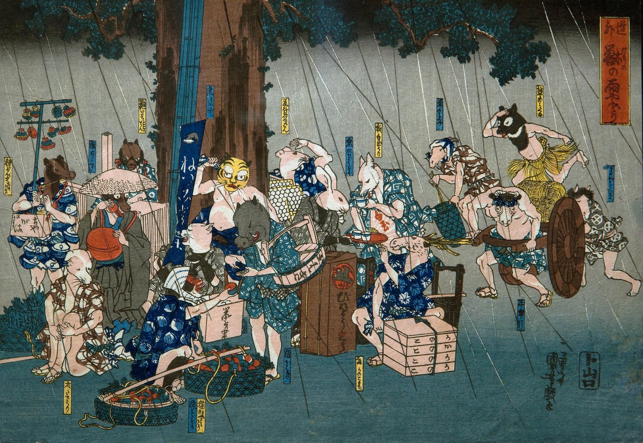 Comic Animals Taking Shelter from Rain (Dōke kemono no amayadori), c.1842 od Utagawa Kuniyoshi