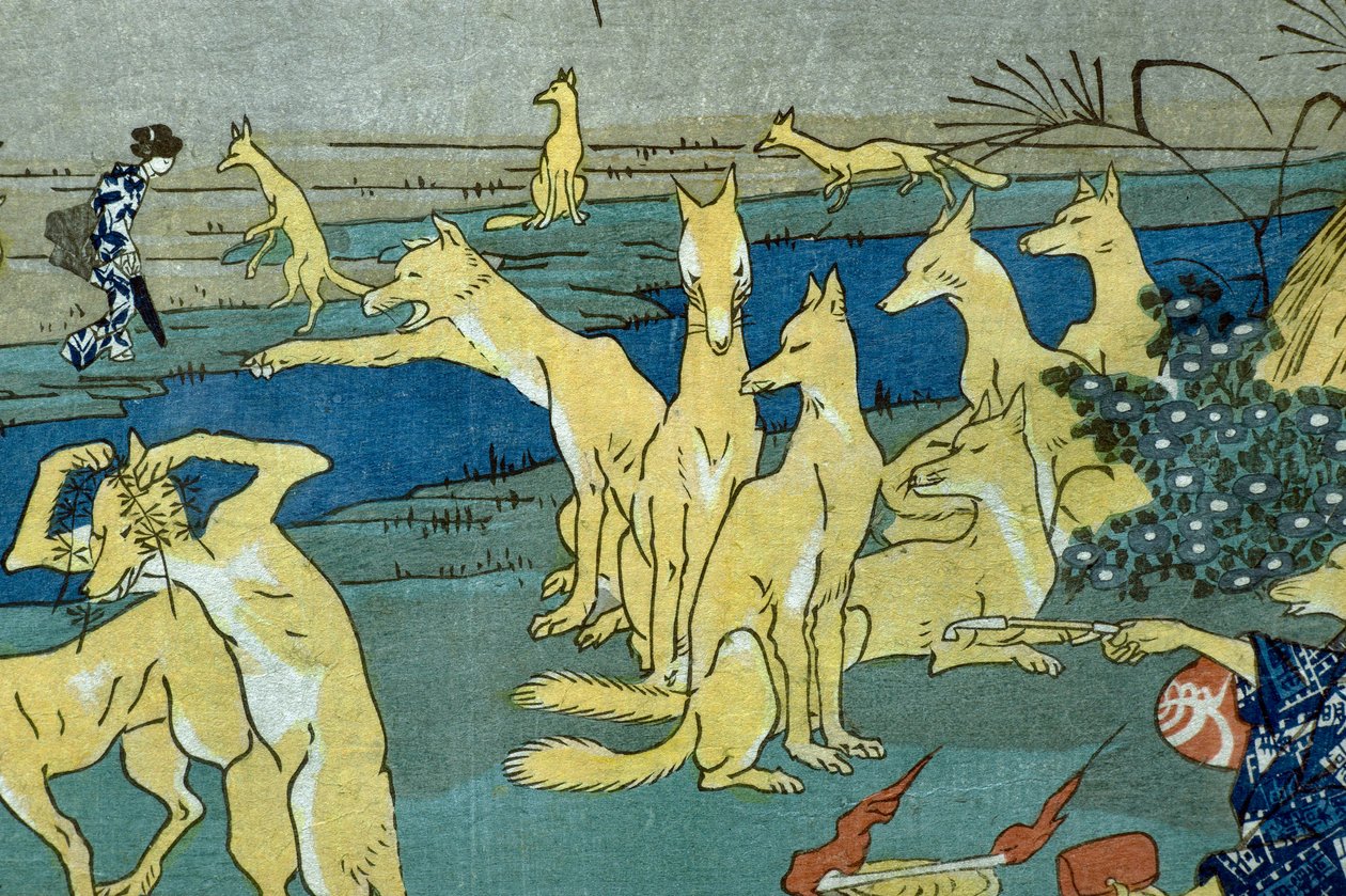 Komiksové lišky praktikující změnu tvaru (Dōke kitsume henge no keiko), kolem roku 1842 od Utagawa Kuniyoshi