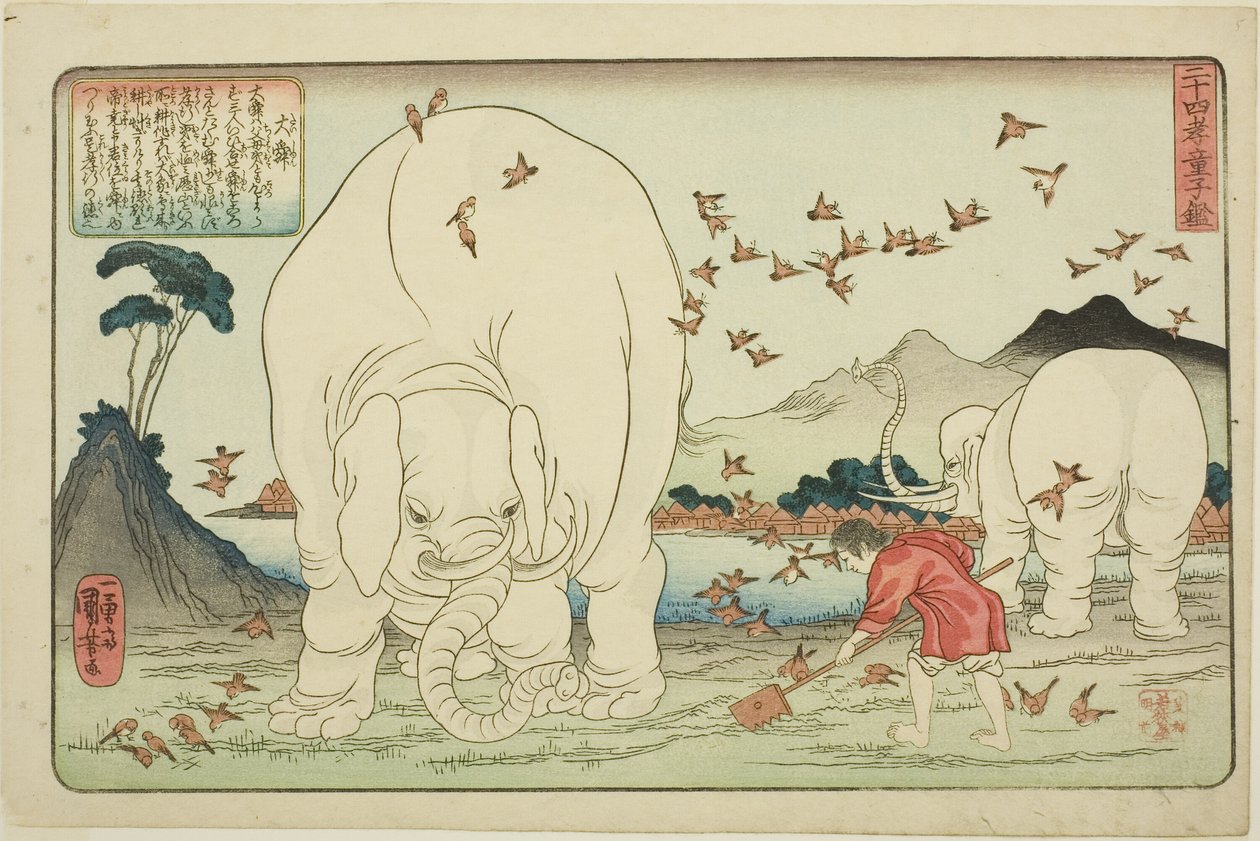 Dashun (Taishun), ze série „Dvacet čtyři vzorů synovské zbožnosti jako zrcadlo pro děti (Nijushiko doji kagami)“ od Utagawa Kuniyoshi