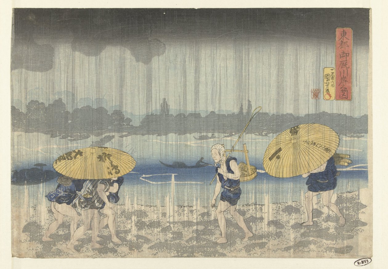 Břeh řeky Onmaya ve východním hlavním městě Toto Onmayagashi no zu (název na objektu) od Utagawa Kuniyoshi