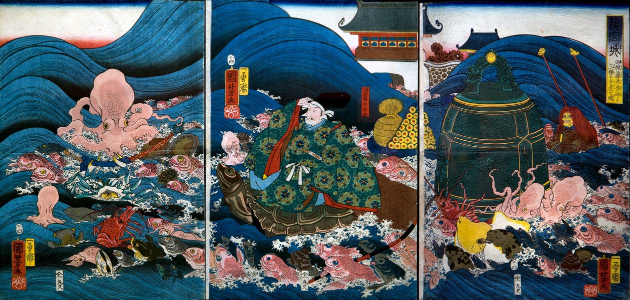 Dračí palác Dračí král představuje tři dárky Tawara Tōda Hidesato (Ryūgūjō od Utagawa Kuniyoshi