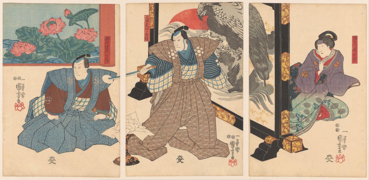 Tři herci u skládacího plátna od Utagawa Kuniyoshi