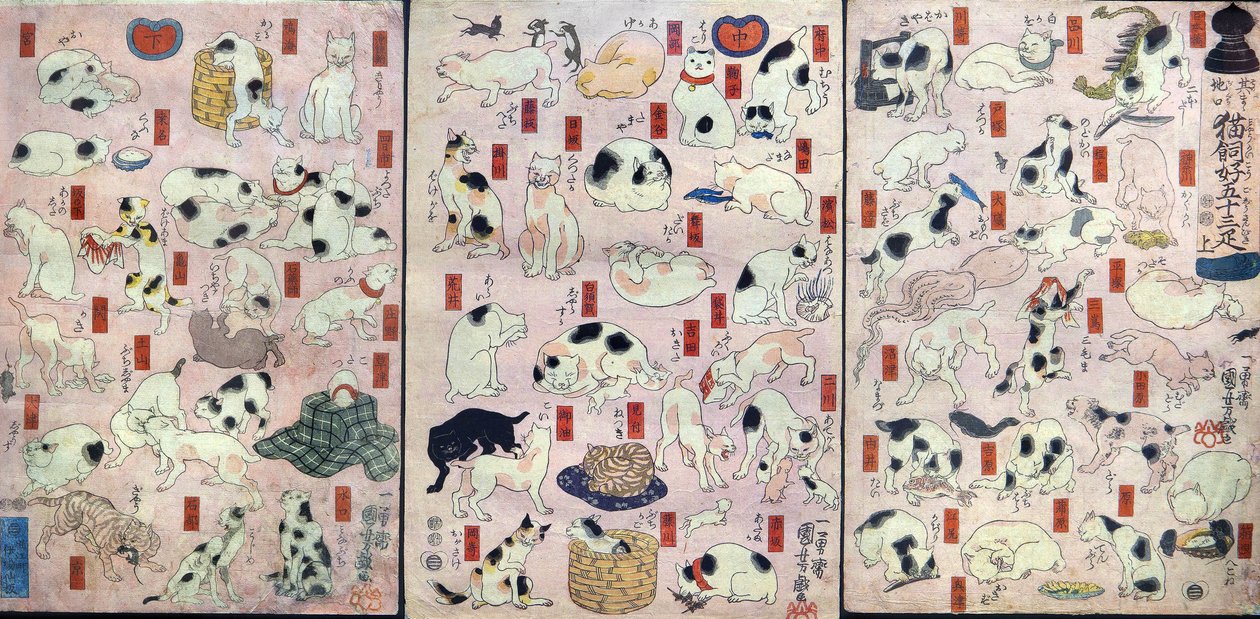 Padesát tři koček jako slovní hříčky pro názvy stanic na Tōkaidō Road (Sono mama jiguchi myōkaidō gojūsan biki), kolem roku 1848 od Utagawa Kuniyoshi