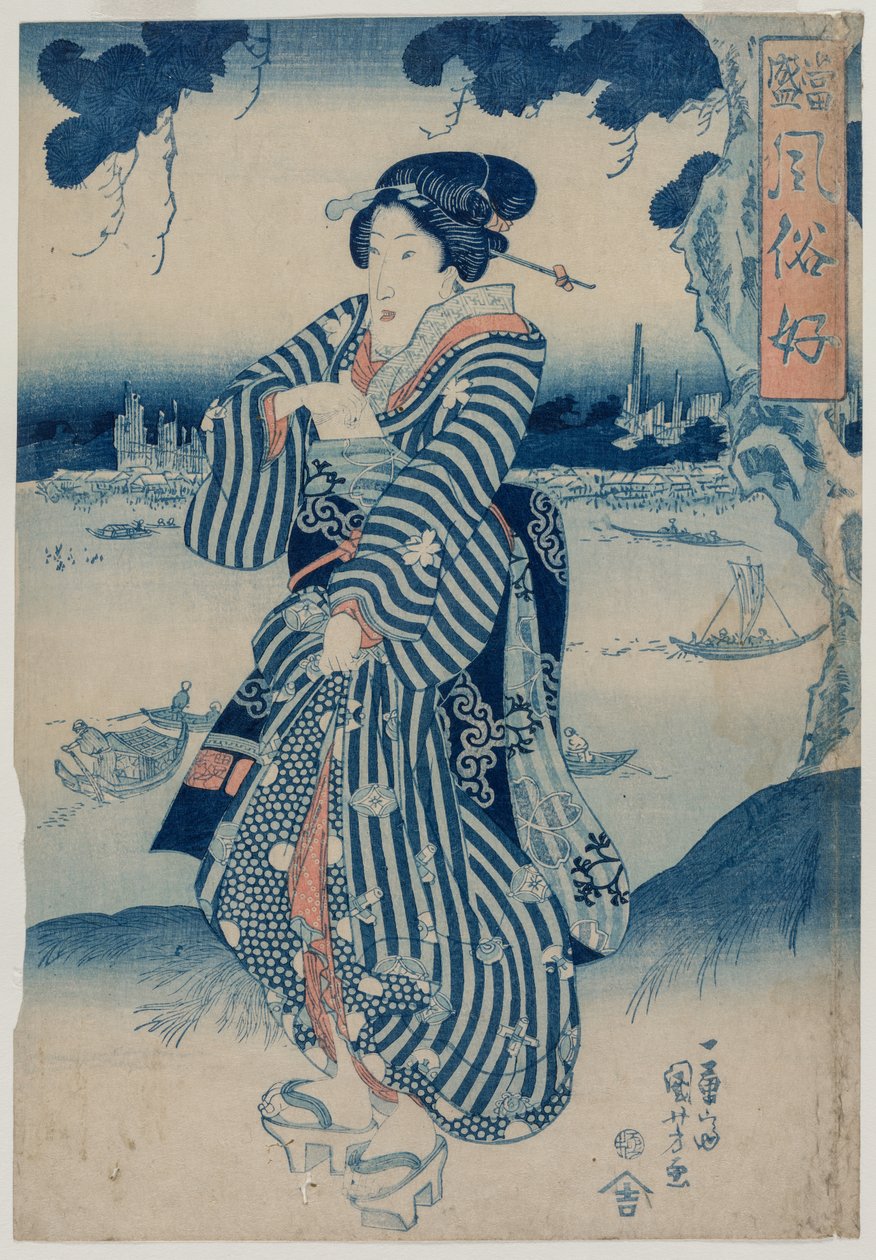Gejša stojící na břehu řeky Sumida (ze seriálu Lidé, kteří mají rádi nejnovější módy a způsoby) od Utagawa Kuniyoshi