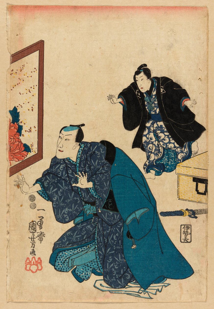 Ichikawa Danjuro VII před plátnem zdobeným pivoňkami od Utagawa Kuniyoshi