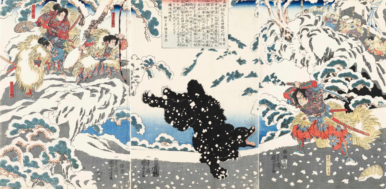 Kamei Rokuro Shigekiyo bojuje s černým medvědem ve sněhu, sledován Yoshitsune a jeho svěřenci, 1 od Utagawa Kuniyoshi