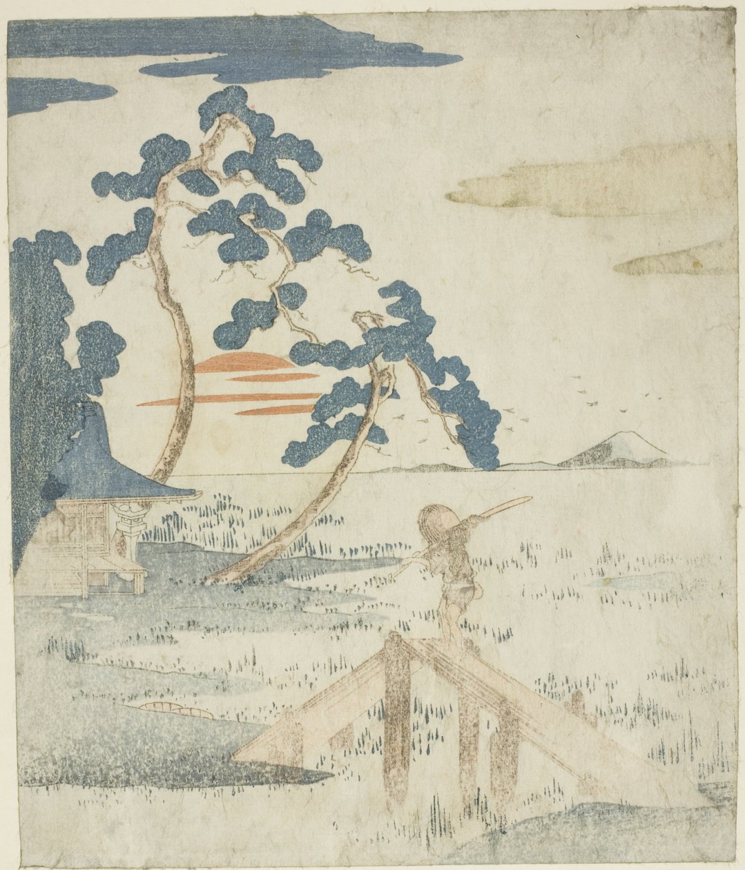 Muž přes most, když slunce vychází, z nepojmenovaného vydání (bez poezie) ilustrací k sérii „Pět výtisků hory Fuji (Fuji goban no uchi)“ od Utagawa Kuniyoshi