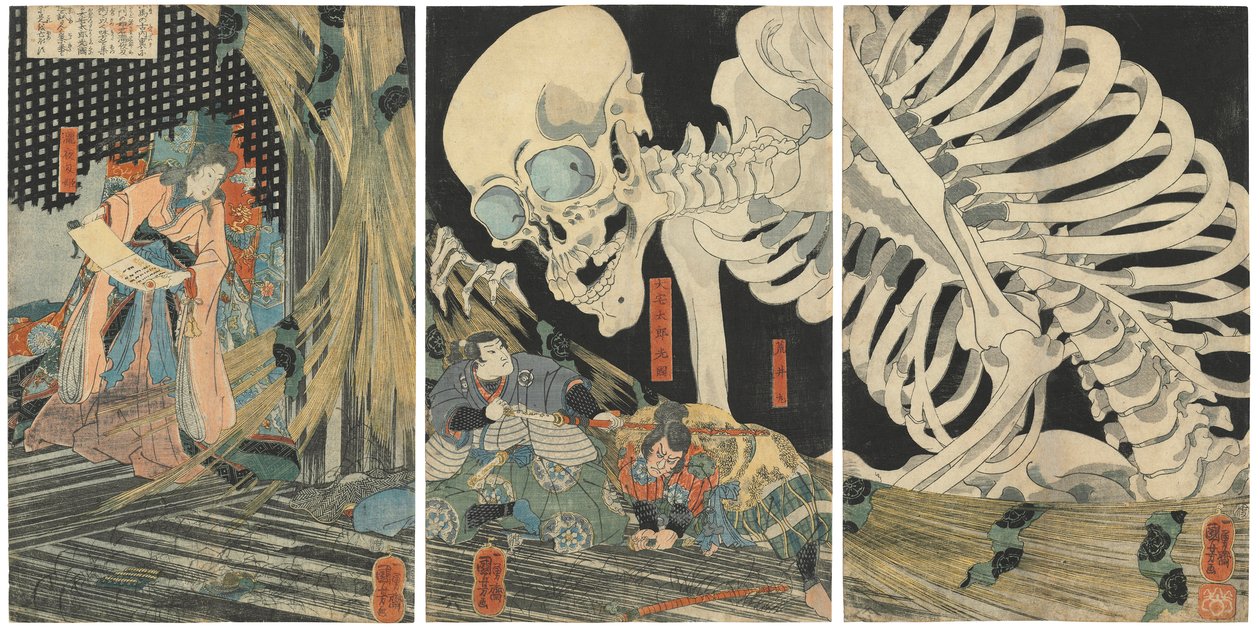 Mitsukuni vzdoruje přízraku kostlivce, který vyvolala princezna Takiyasha od Utagawa Kuniyoshi