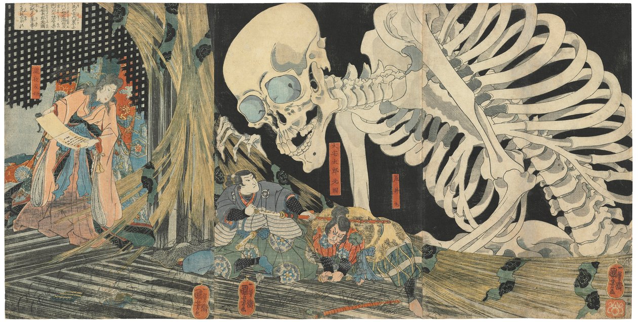 Mitsukuni vzdoruje přízraku kostlivce, který vyvolala princezna Takiyasha od Utagawa Kuniyoshi