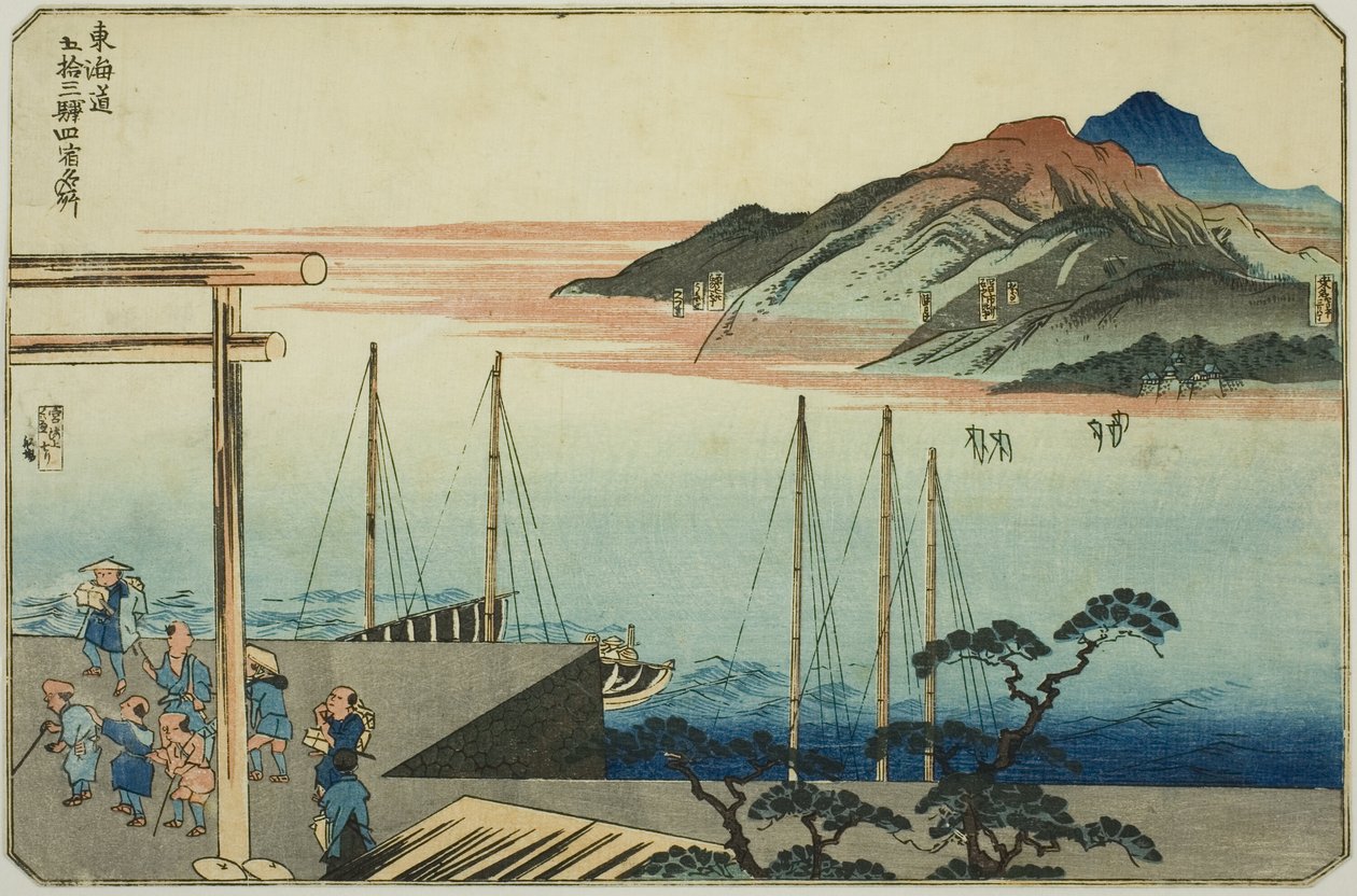 Miya, Kuwana, Yokkaichi a Ishiyakushi, ze série „Slavná místa na padesáti třech stanicích Tokaida, čtyři stanice (Tokaido gojusan eki yonshuku meisho)“ od Utagawa Kuniyoshi