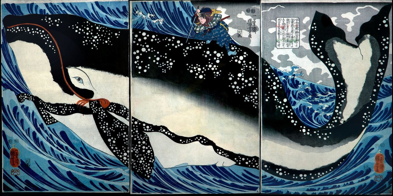 Miyamoto Musashi Kills an Enormous Whale, c.1847 od Utagawa Kuniyoshi
