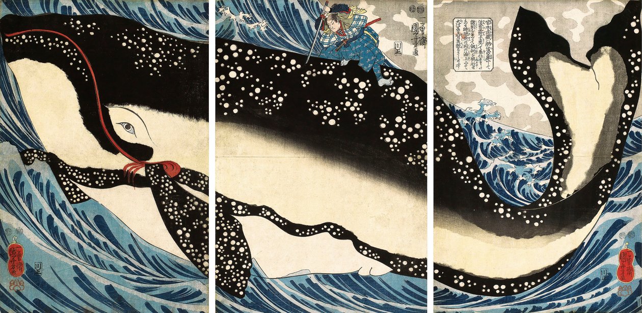 Miyamoto no Musashi útočí na obří velrybu od Utagawa Kuniyoshi