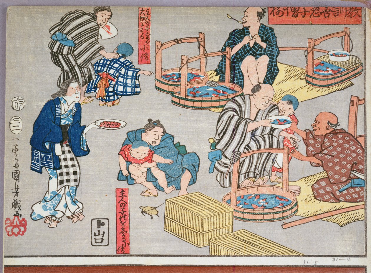 Morální učení pro obchodníky, uvádějící dobré a špatné příklady chování, 1857 (barevný dřevořez) od Utagawa Kuniyoshi