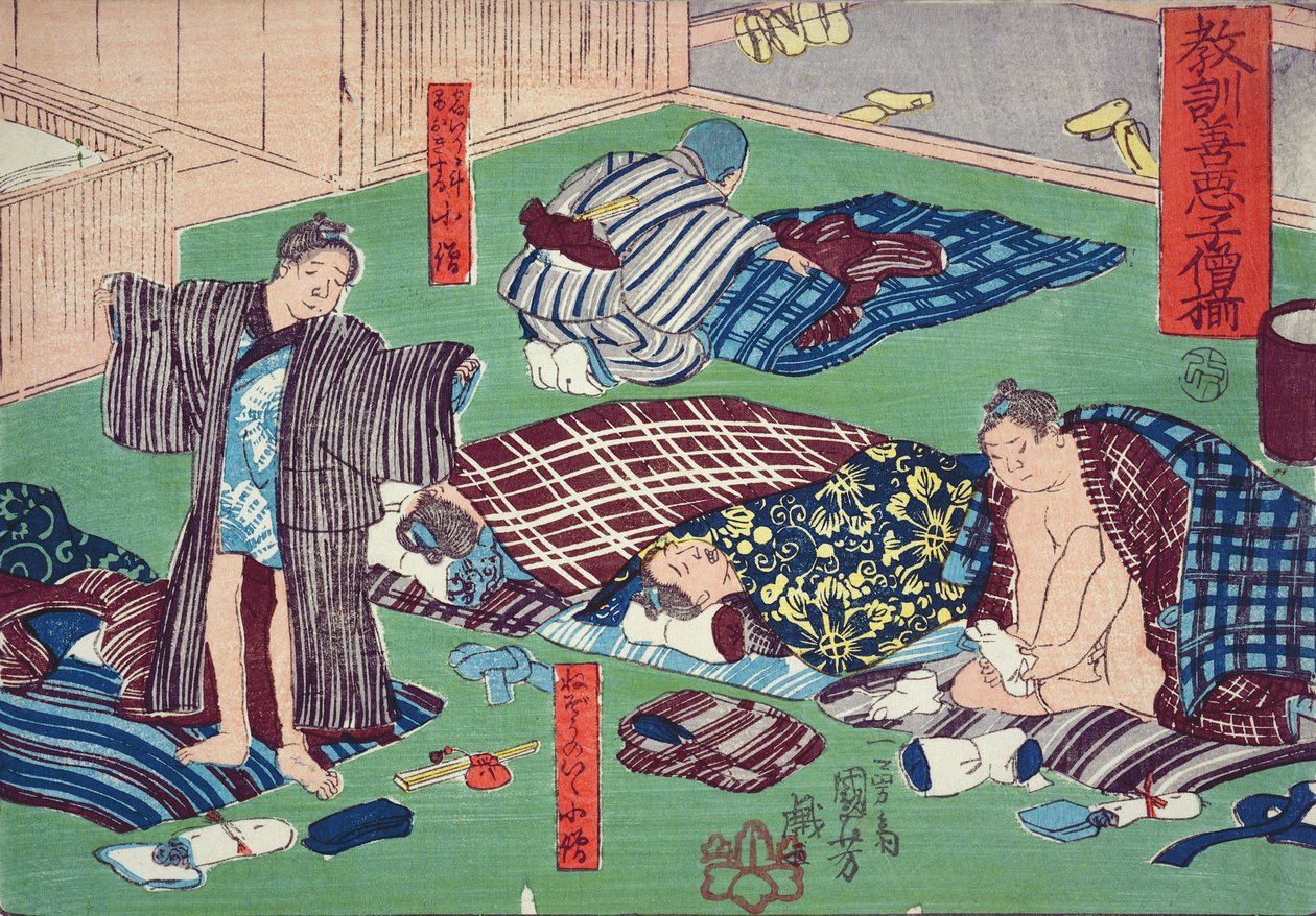 Morální učení pro obchodníky, uvádějící dobré a špatné příklady chování, 1857 (barevný dřevořez) od Utagawa Kuniyoshi