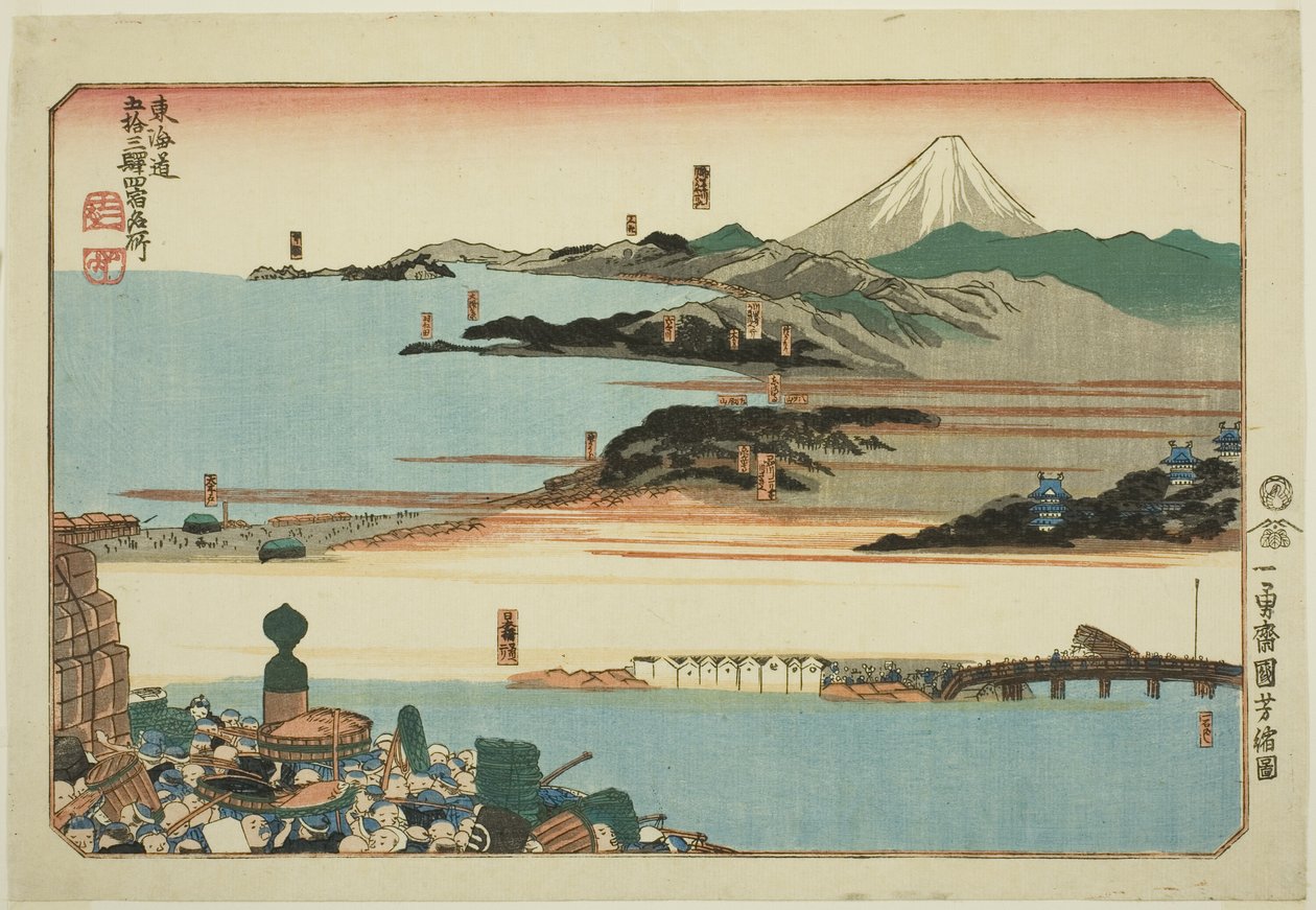 Nihonbashi, Shinagawa, Kawasaki a Kanagawa, ze série „Slavná místa na padesáti třech stanicích Tokaida, čtyři stanice (Tokaido gojusan eki yonshuku meisho)“ od Utagawa Kuniyoshi