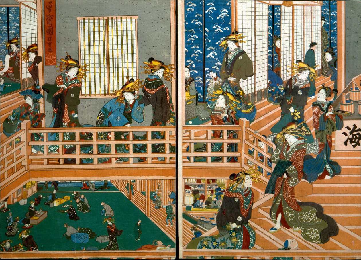 Pohled shora na Nahoře Kado-Ebiya od Utagawa Kuniyoshi